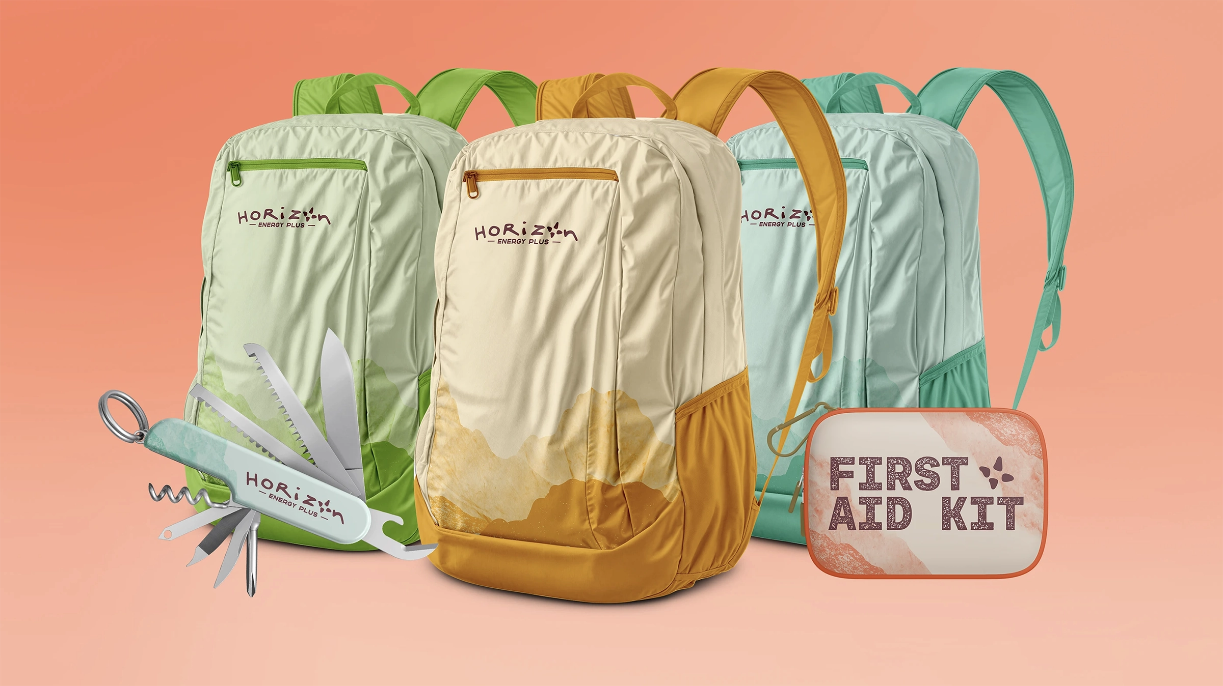Bag, first aid kit, and army knife designs.