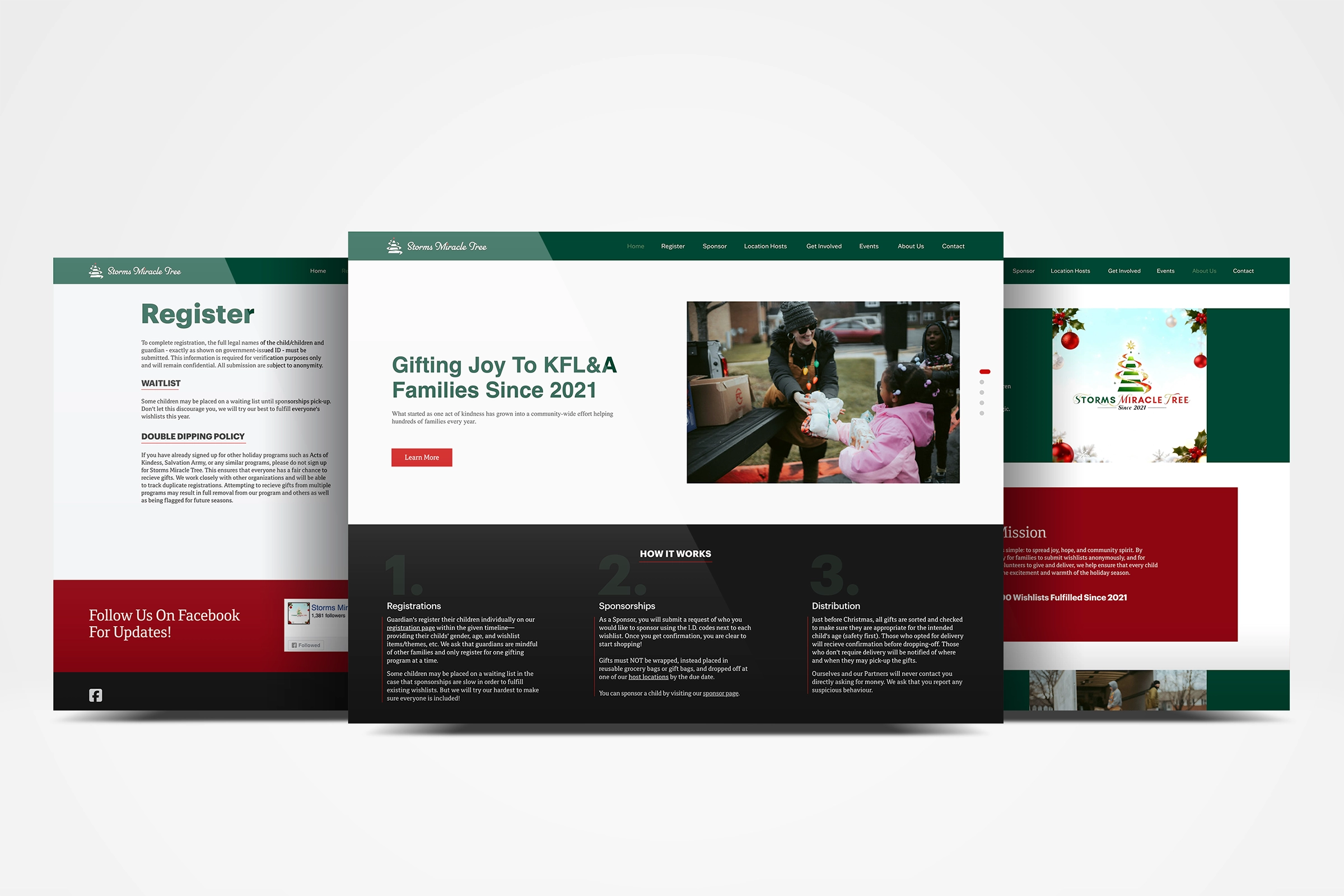 Three main pages from the website.