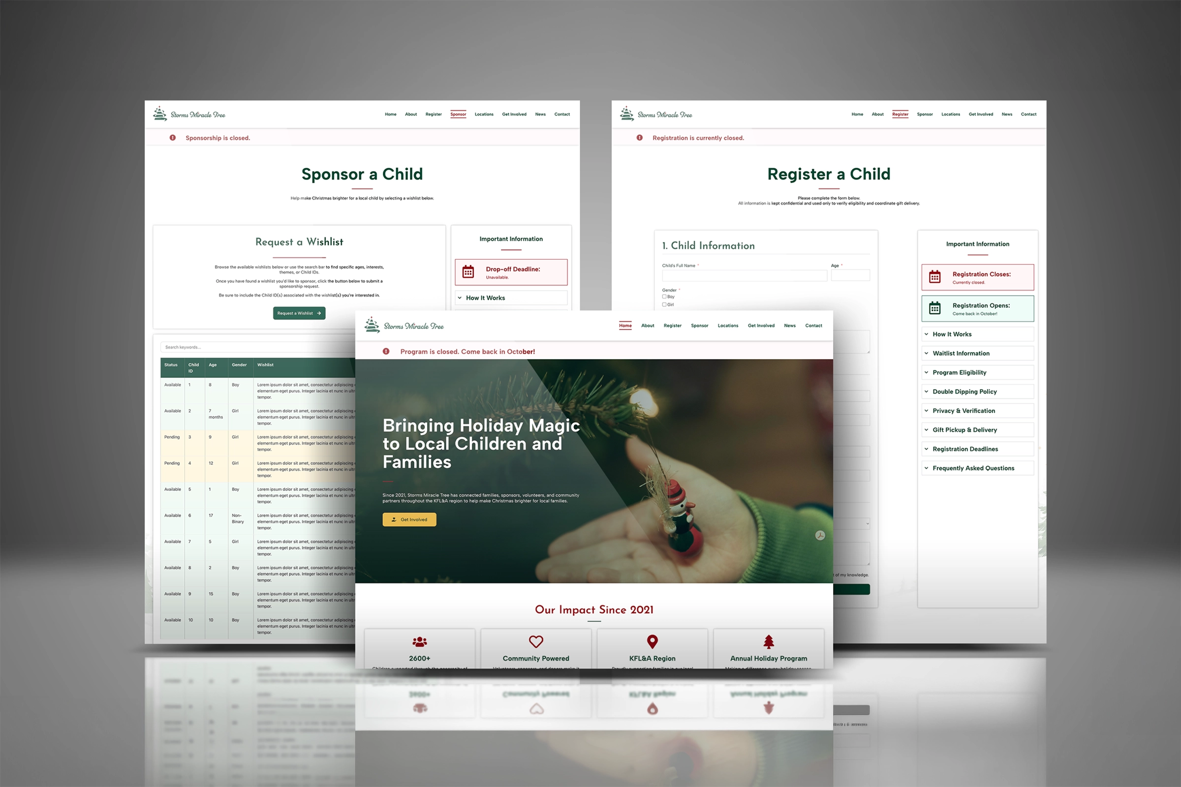 Display of sponsor, registration and home page.